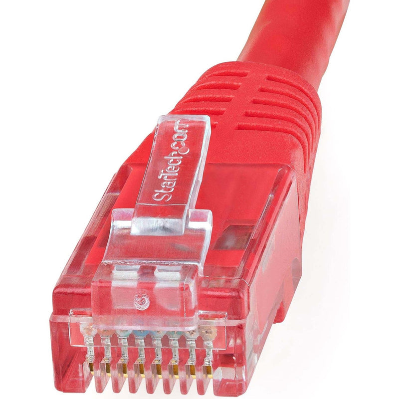 Macro shot of red Cat6 ethernet cable connector showing detailed pin configuration and StarTech.com branding