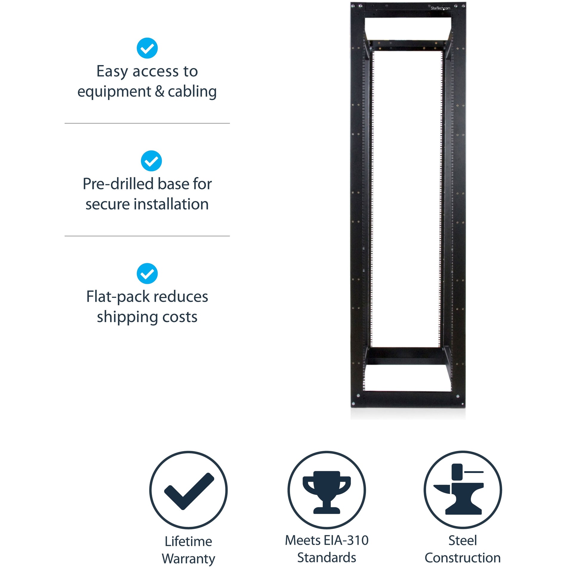 StarTech.com 4POSTRACKHD 45U 3300lb High Capacity 4 Post Open Server Equipment Rack - Flat Pack