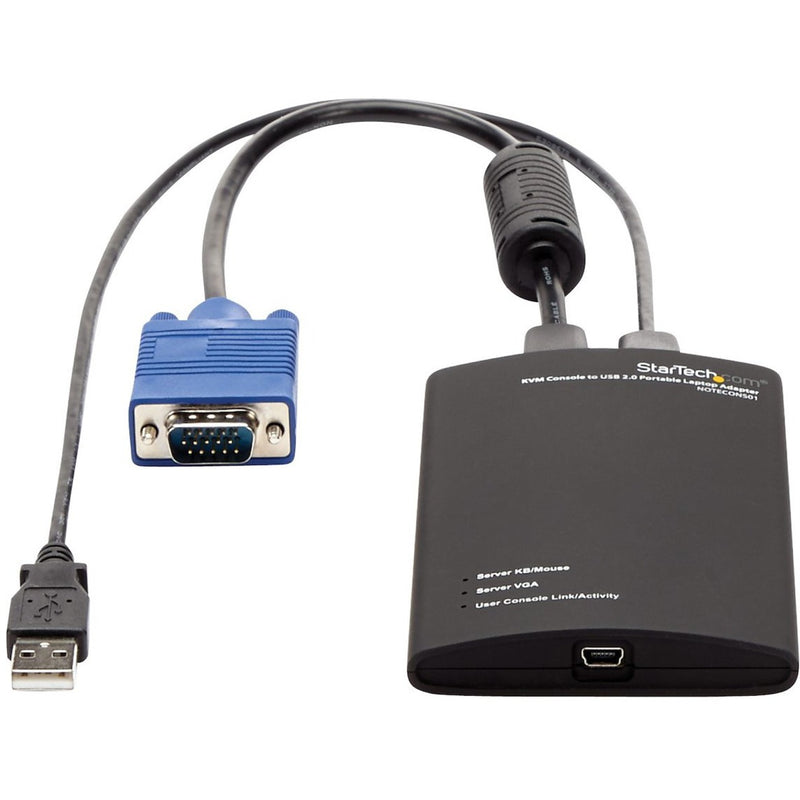 Close-up view of StarTech.com KVM adapter showing VGA and USB ports with status indicators