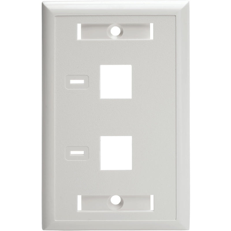 Direct front view of white dual-port keystone faceplate showing port spacing and label windows