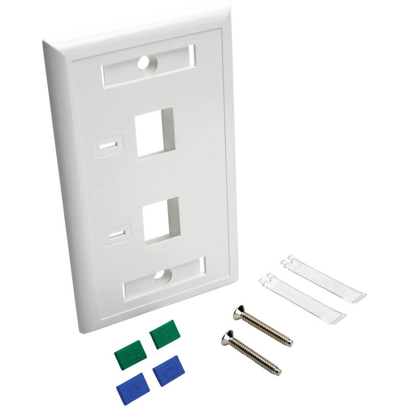 White faceplate with included mounting screws, port icons, and installation accessories