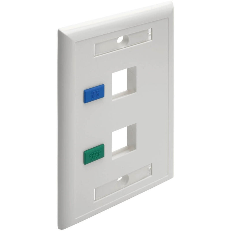 White faceplate with blue and green port identification icons installed