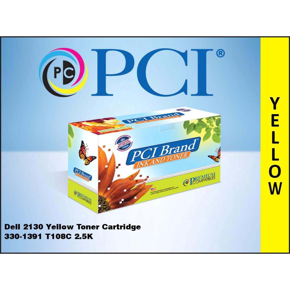 PCI Brand Dell 2130 yellow toner cartridge with product details and yellow identification panel-alternate-image2