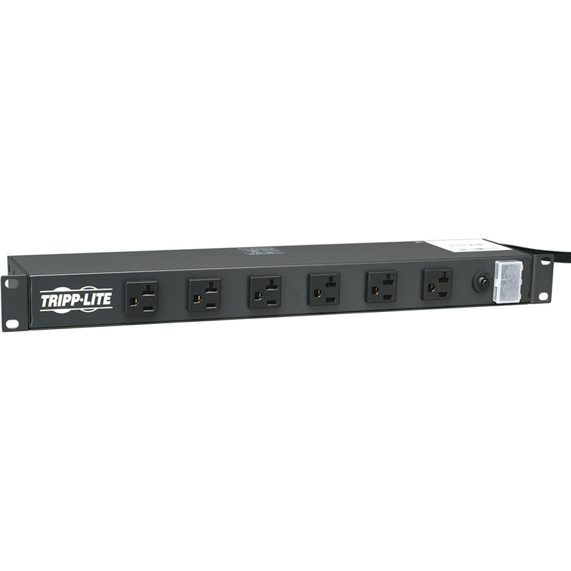 Front view of Tripp Lite RS-1215-20 rackmount power strip showing six front-facing outlets and illuminated power switch