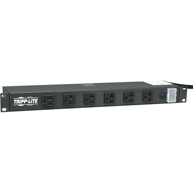 Angled view of Tripp Lite RS-1215-20 power strip showing both front outlets and rack mounting features