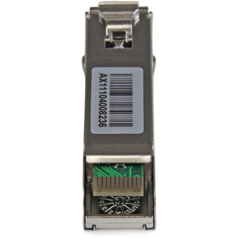 Circuit board detail of StarTech.com SFP transceiver showing internal components and tracking label