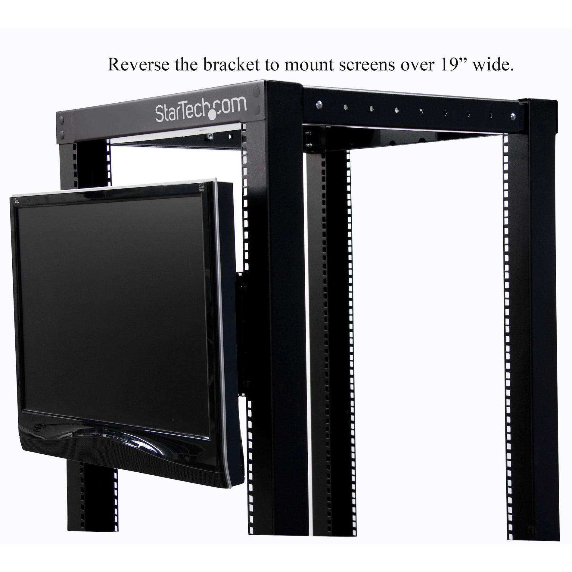 Soporte de montaje universal para monitor LCD VESA StarTech.com RKLCDBK para rack o gabinete de 19 pulgadas solución duradera y versátil.