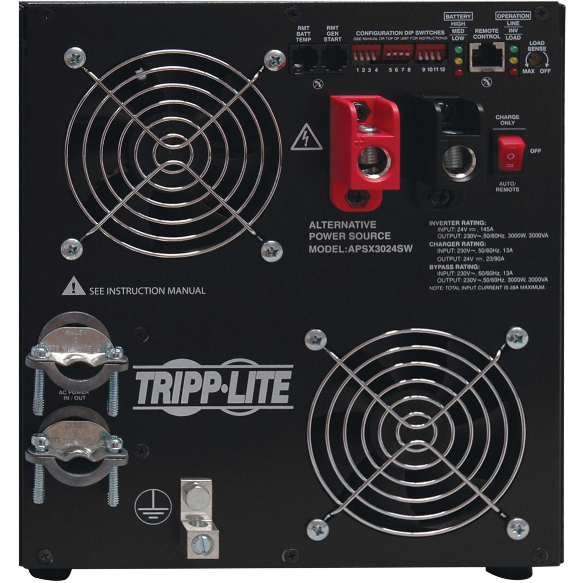 Close-up of Tripp Lite APSX3024SW control panel showing DIP switches, LED indicators, and technical specifications-alternate-image2