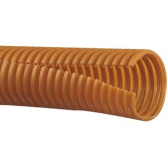 Orange ribbed cable concealer with longitudinal split design showing protective channel for cable management