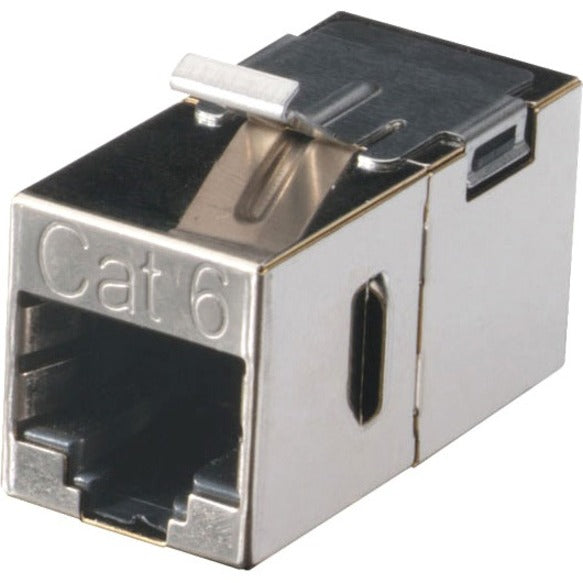 Black Box FM693 Cat6 shielded keystone coupler in silver with RJ-45 female ports and Cat6 marking