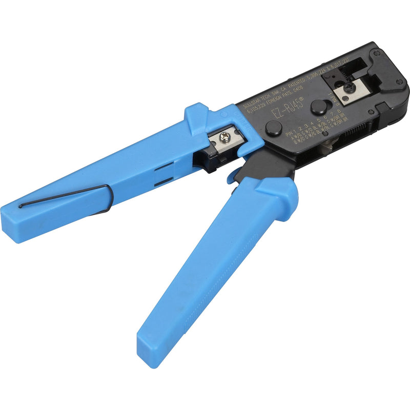 Black Box FT1100A EZ-RJ45 Crimp Tool featuring blue ergonomic handles and black oxide-finished steel frame with integrated cutting and stripping capabilities