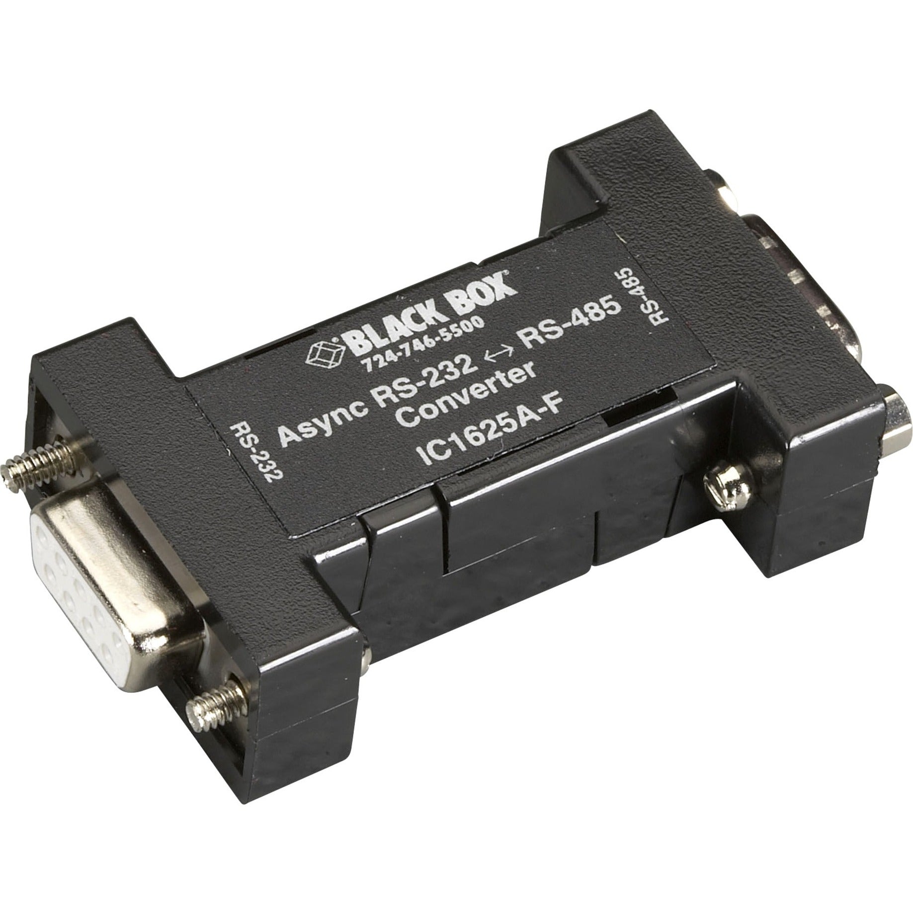 Black Box IC1625A-F RS-232 to RS-485 interface converter with DB9 female connectors showing compact black housing with white product labeling-alternate-image1