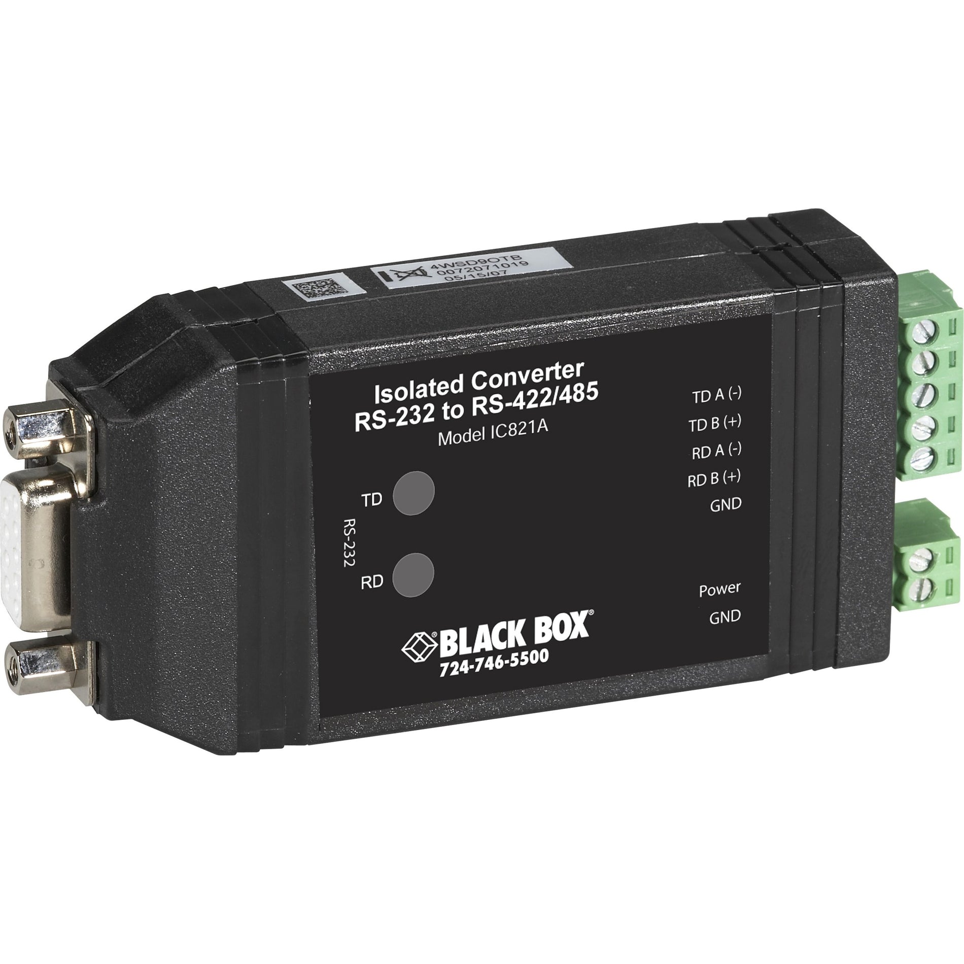 Black Box IC821A RS-232 to RS-422/485 converter showing DB9 connector, terminal blocks, and status LED indicators against white background-alternate-image1