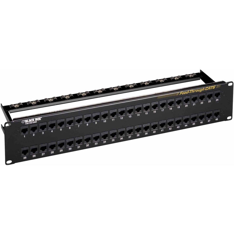 Black Box JPM820A 48-port CAT6 feed-through patch panel with numbered ports and integrated cable management system mounted on a 19-inch rack