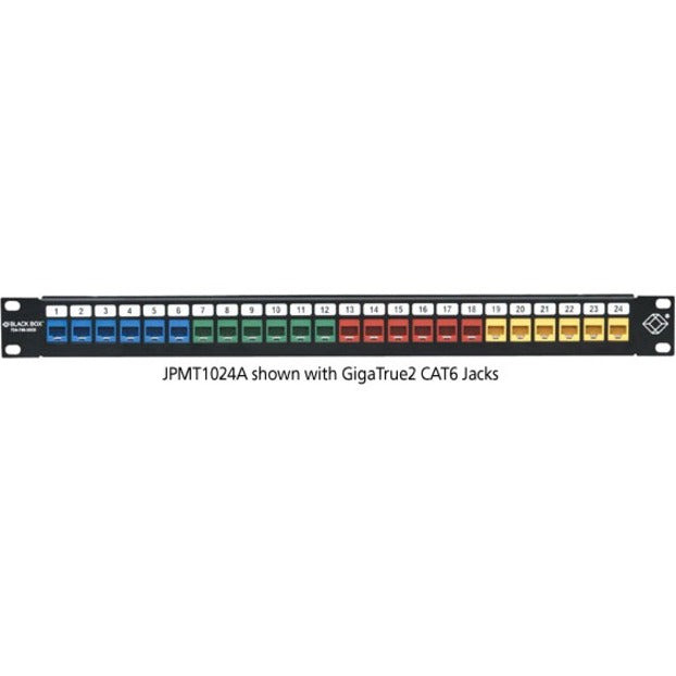 Black Box JPMT1024A 24-port patch panel with color-coded numbered ports displaying GigaTrue2 CAT6 jacks in a 1U rack-mount format-alternate-image1