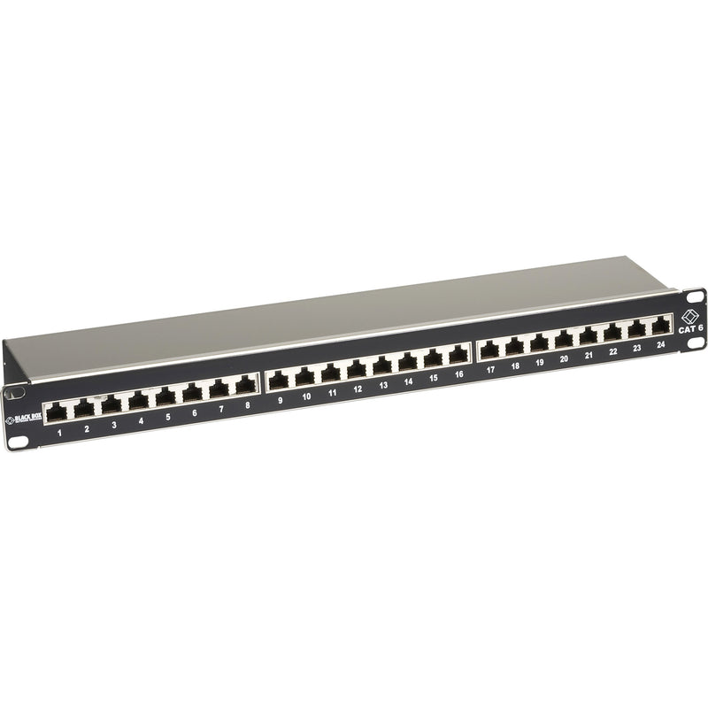 Front view of Black Box 24-port CAT6 shielded patch panel with numbered ports and rack mounting brackets