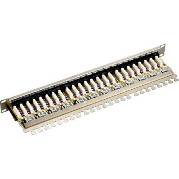 Internal view of Black Box CAT6 patch panel showing 110-type IDC terminations and gold-plated contacts