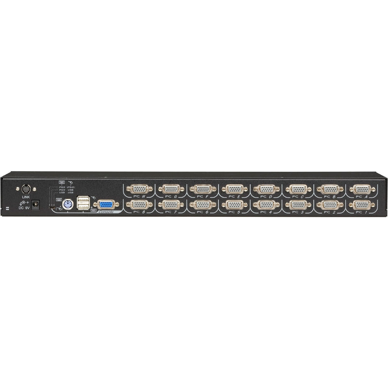 Rear view of Black Box ServSwitch EC KVM switch displaying 16 server ports and power connection