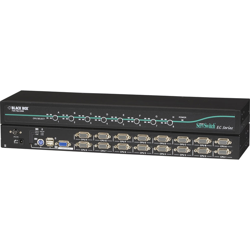 Front view of Black Box ServSwitch EC 16-port KVM switch showing control buttons and multiple server connection ports