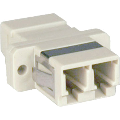 White duplex LC fiber optic coupler with dual ports showing precision connector interface