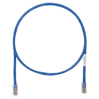 Blue Panduit TX5e Cat.5e UTP patch cable with snagless boots and RJ-45 connectors coiled in a circular shape