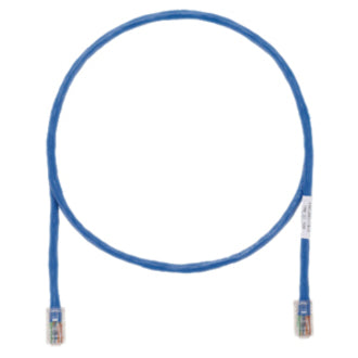 Panduit TX5e Cat.5e blue ethernet patch cable with snagless boots and RJ-45 connectors shown in a curved position