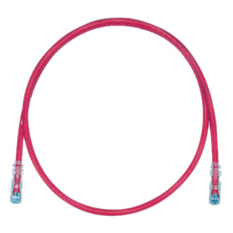 Red Panduit Cat.6 UTP patch cable with clear-booted RJ-45 connectors, coiled in circular shape