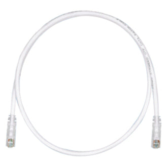 Panduit Cat.6 UTP white patch cable with clear boots and RJ-45 connectors, coiled in circular position