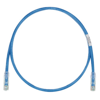 Blue Panduit Cat.6 UTP patch cable with clear boots and RJ-45 connectors, coiled in circular shape