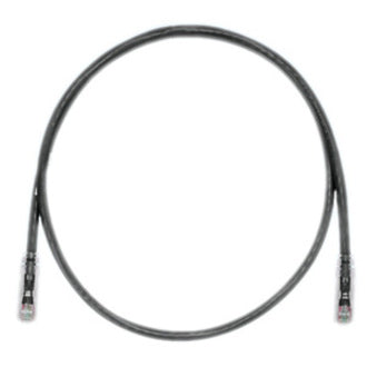 Black Panduit Cat.6 UTP patch cable with clear boots and RJ-45 connectors coiled in circular shape