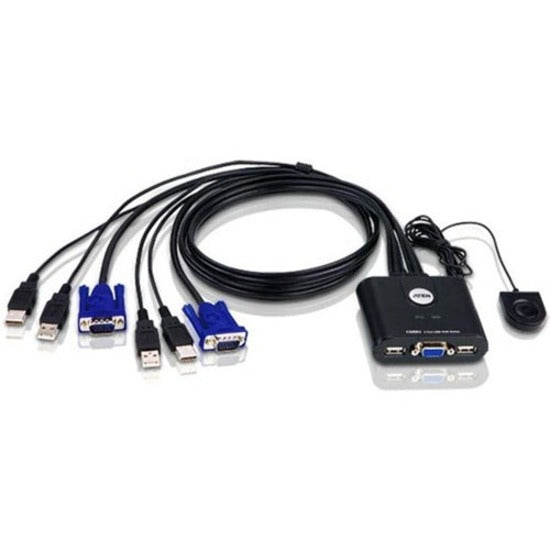 ATEN CS22U KVM switch showing integrated USB and VGA cables with compact switching module and remote switch button