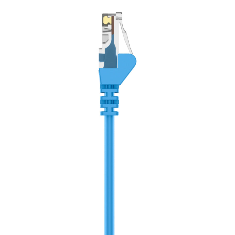 Detailed view of blue strain relief boot system on RJ45 connector