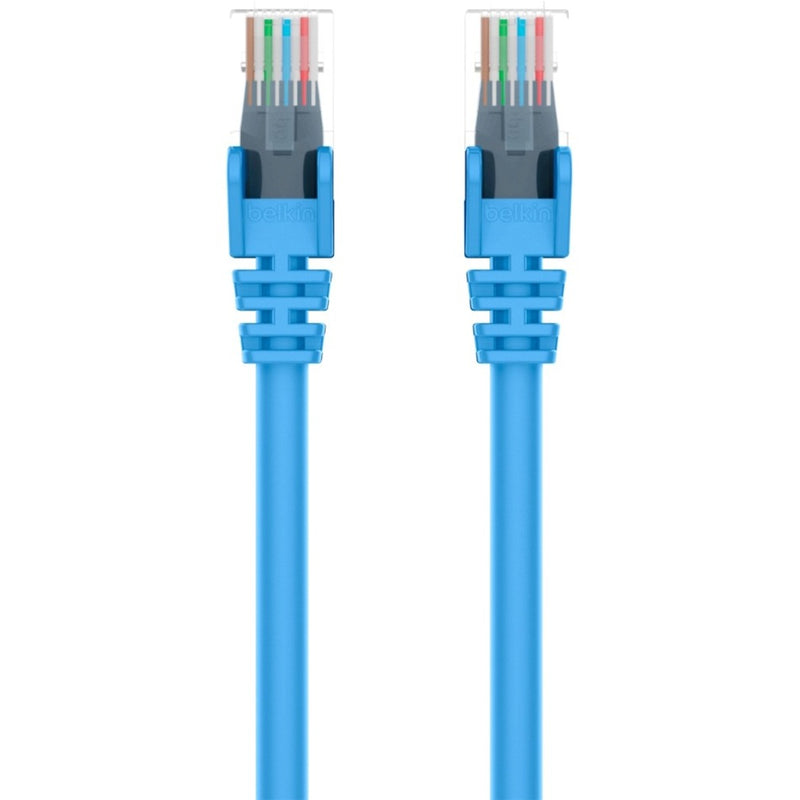 Close-up view of Belkin Cat6 cable connectors showing color-coded wire arrangement and gold contacts