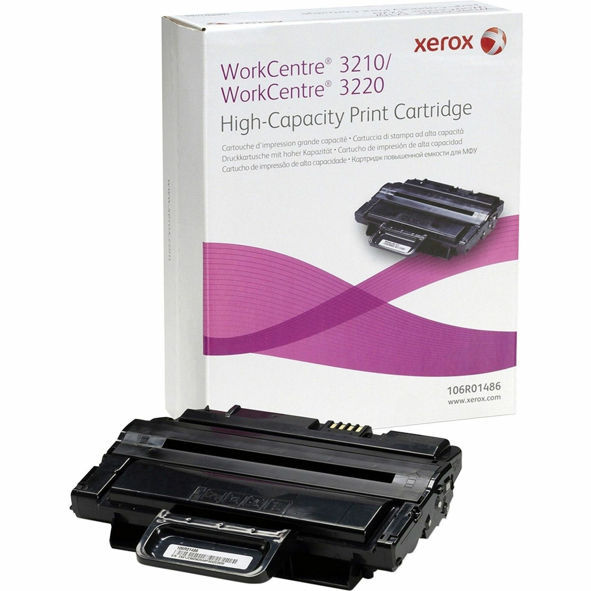 Xerox WorkCentre 3210/3220 high-capacity black toner cartridge with product packaging showing purple wave design-alternate-image1