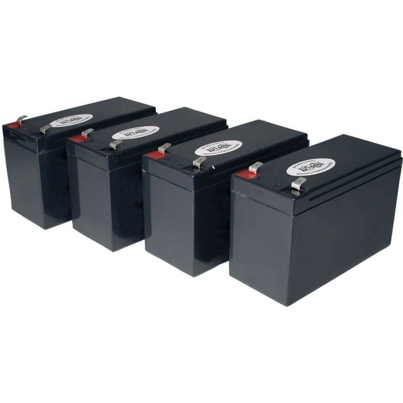 Four black Tripp Lite RBC54 12V maintenance-free lead acid batteries arranged in a row showing uniform design and connection terminals