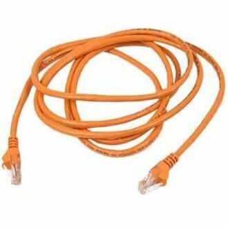 Orange Category 6 Ethernet cable with bare wire ends, showing coiled configuration of 1000-foot length