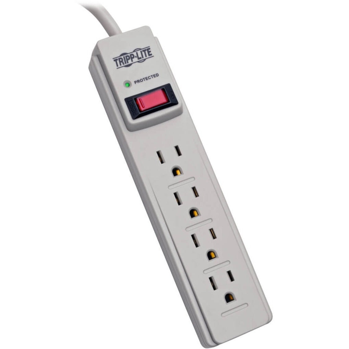 Front view of Tripp Lite TLP404 surge protector showing 4 outlets, LED indicator, and power switch-alternate-image1