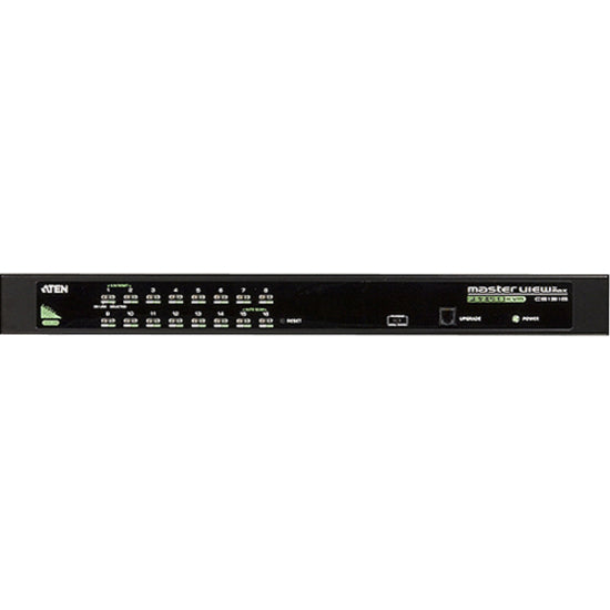 Front view of ATEN CS1316 16-port KVM switch showing LED indicators and port selection buttons in a 1U rack-mount form factor