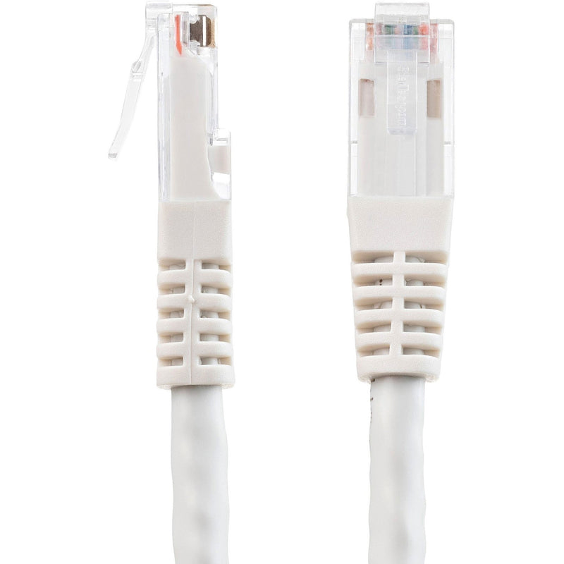 Side view of white Cat6 cable connectors showing snagless tabs and strain relief