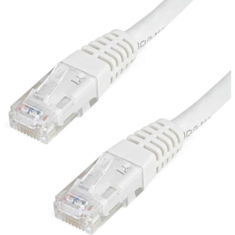 Close-up view of white Cat6 cable RJ-45 connectors showing gold-plated pins and clear housing