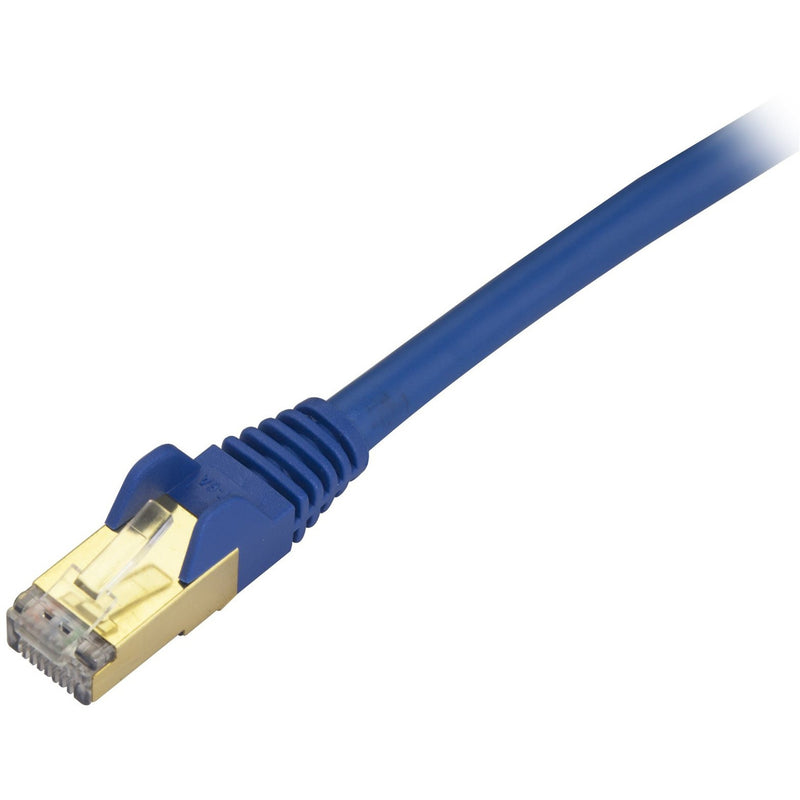 Detailed view of blue Cat6a cable connector showing snagless boot and gold-plated contacts