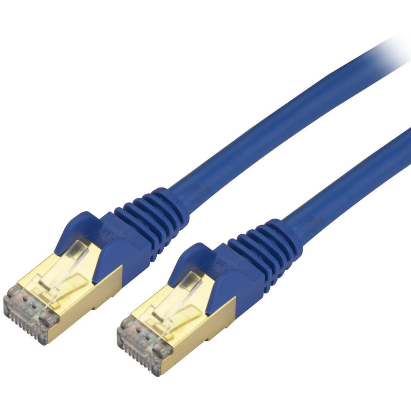 Close-up view of gold-plated RJ45 connectors on blue Cat6a shielded network cable