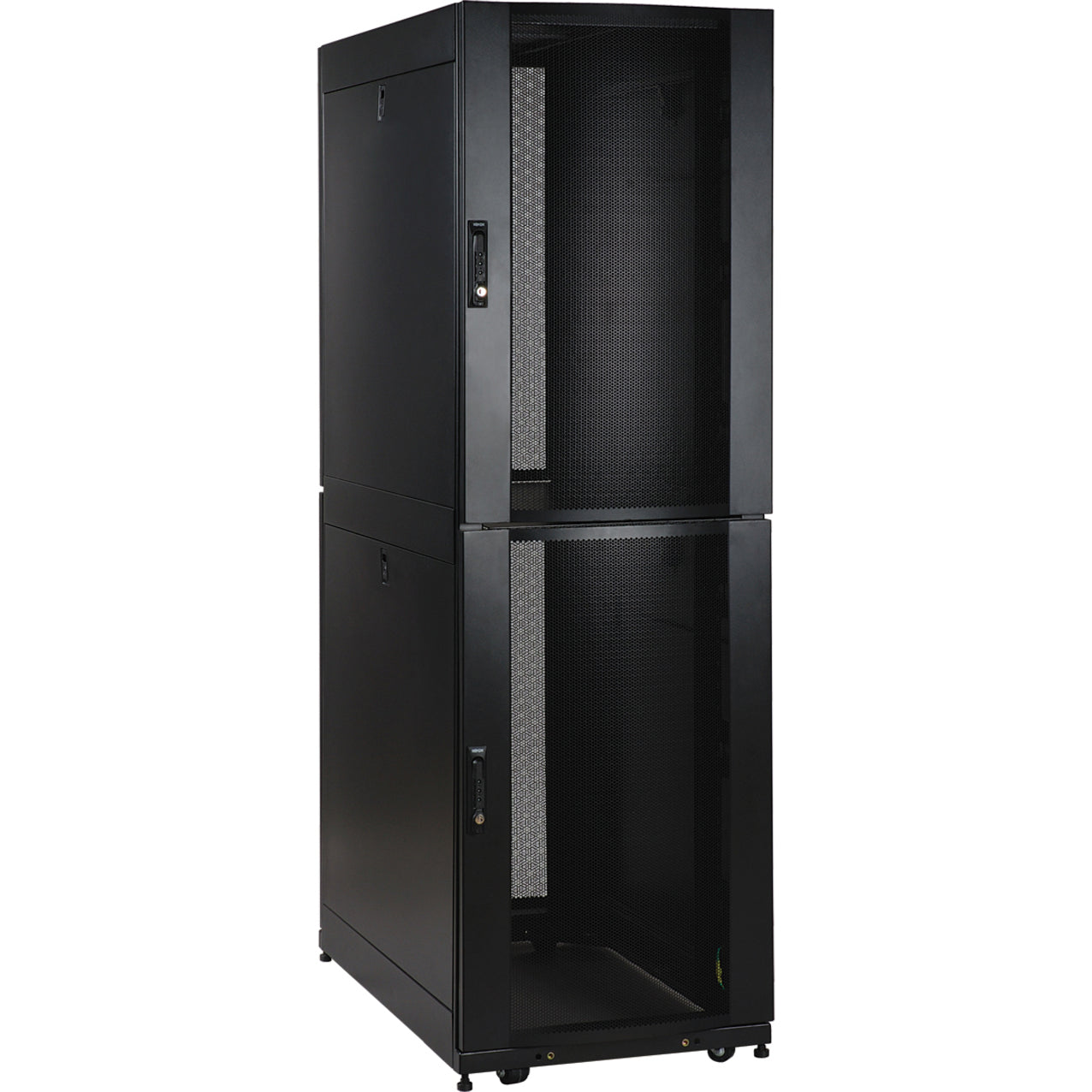 Front view of Tripp Lite SR42UBCL 42U co-location rack cabinet showing dual-compartment design with mesh doors-alternate-image1