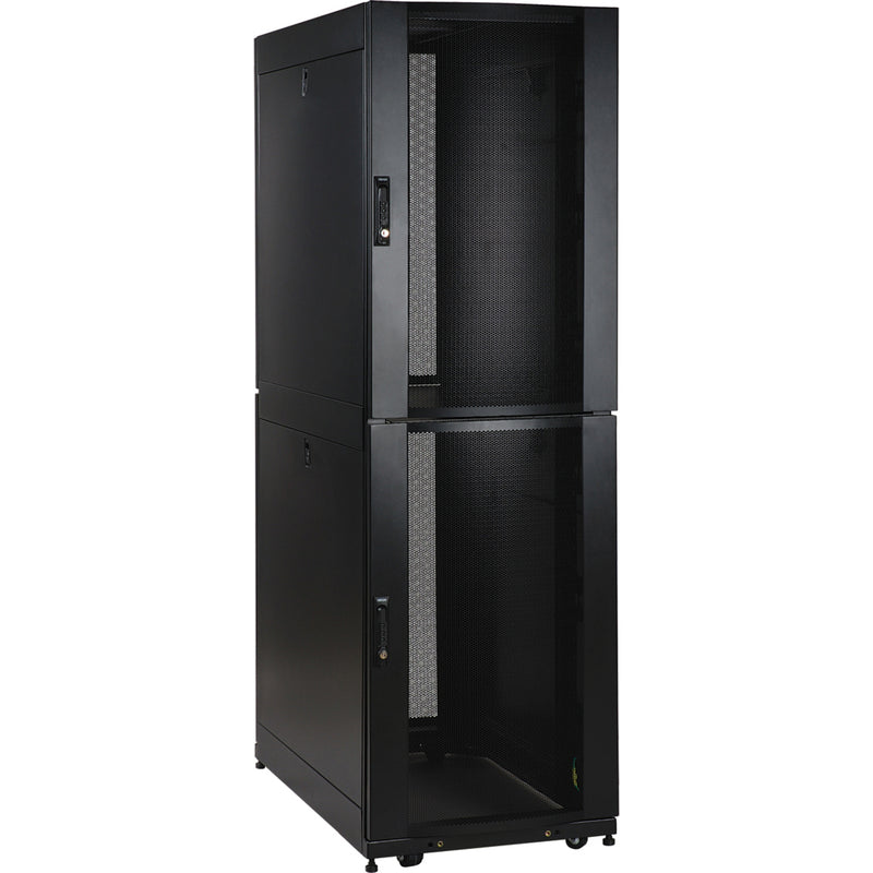 Front view of Tripp Lite SR42UBCL 42U co-location rack cabinet showing dual-compartment design with mesh doors