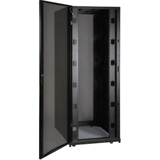 Open front view of SR42UBWD server cabinet showing interior mounting rails and depth