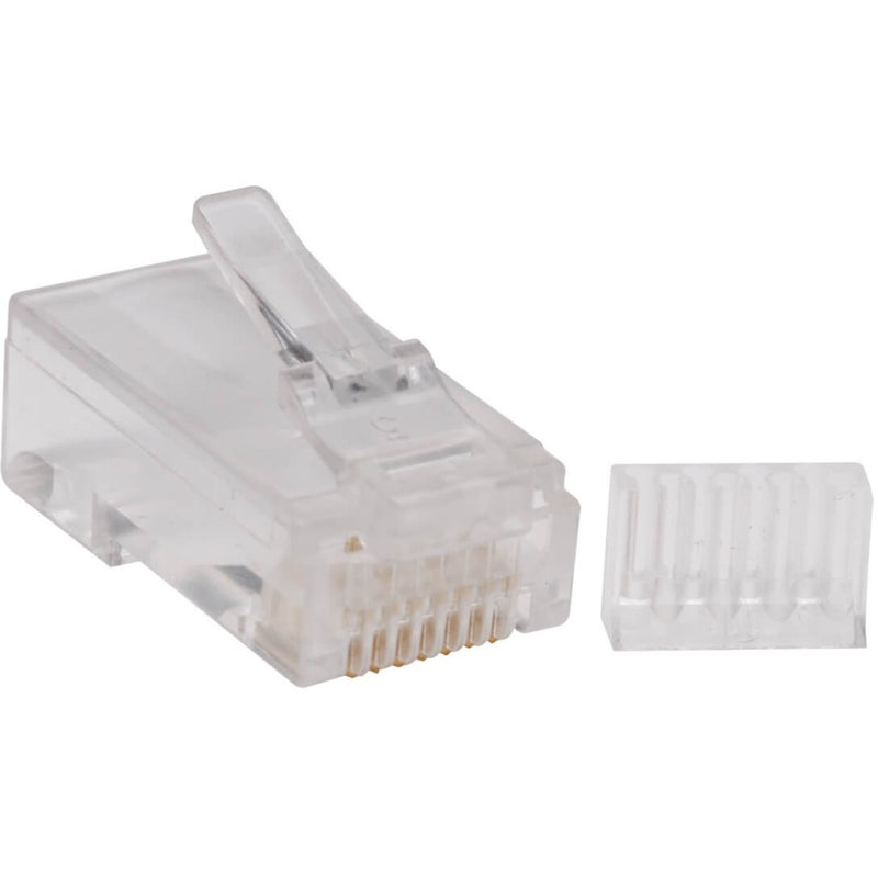 Clear view of Tripp Lite Cat6 RJ45 connector with load bar component showing gold-plated contacts