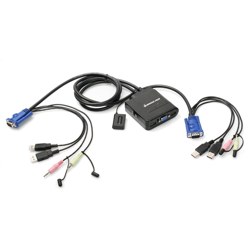 IOGEAR GCS72U KVM Switch with integrated cables showing VGA, USB, and audio connections for dual computer setup