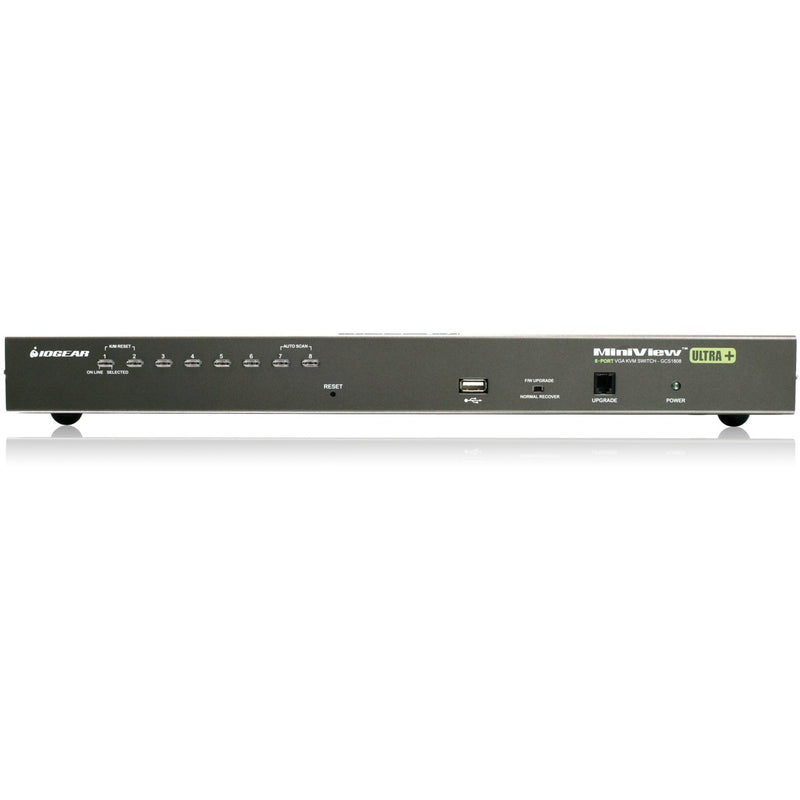 Front view of IOGEAR GCS1808 KVM switch showing 8 port selection buttons, LED indicators, and system control interface