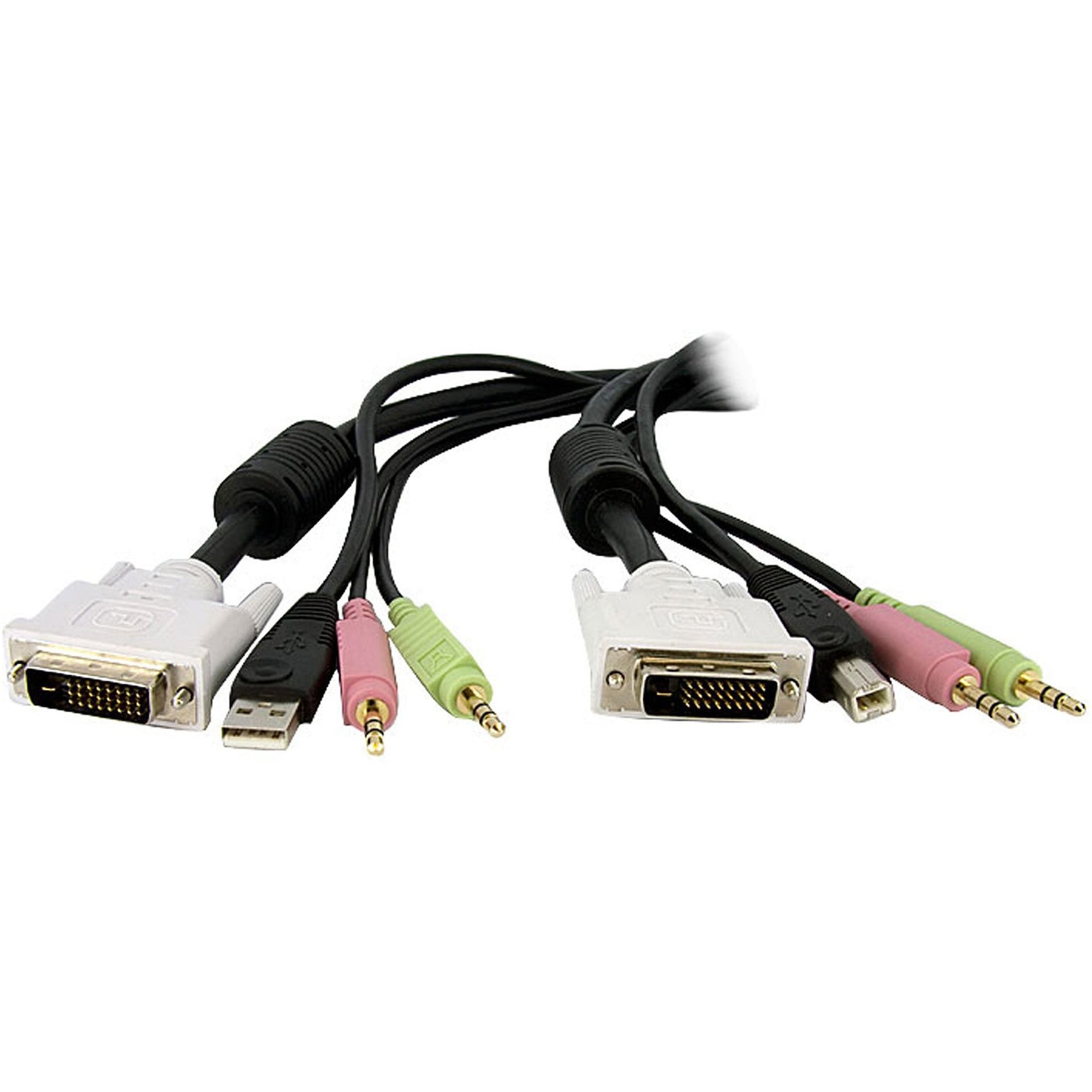 StarTech.com 4-in-1 KVM cable showing DVI, USB, and audio connectors arranged in parallel-alternate-image1