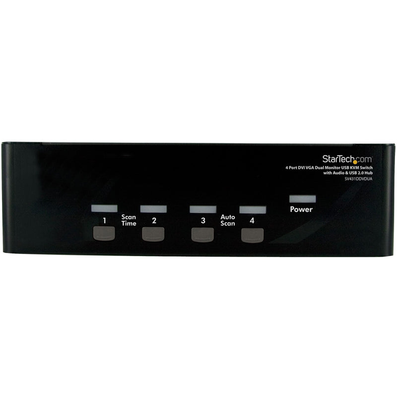 Front view of StarTech.com 4-port KVM switch showing control buttons and LED indicators